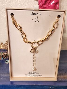 Piper K Gold Link Necklace With Pearl And Charm Drop